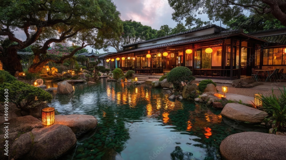 Poster tea pavilion with minimalism and rock by lantern concept. a tranquil garden scene with a serene pond