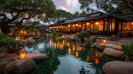 Tea pavilion with minimalism and rock by lantern concept. A tranquil garden scene with a serene pond and glowing lanterns.