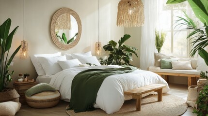 Cozy bedroom with white bedding, green throw, woven light fixture, macram wall hanging, large mirror, wooden bench, plants, coastal artwork, and warm natural light