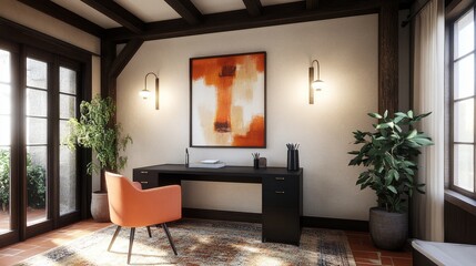 Cozy home office with black desk, orange chair, two small potted trees, large warm-toned abstract artwork, vintage wall light, simple area rug, terracotta tile floor