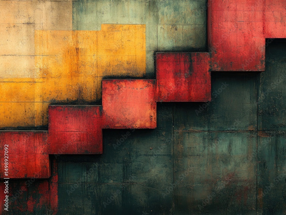 Poster rustic wall art with yellow, red, and green blocks in a step pattern. useful for urban design projec