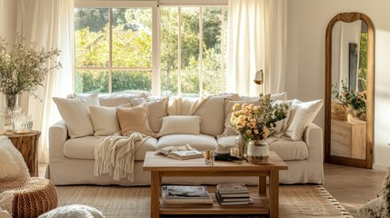 Obraz premium Cozy living room filled with natural light, featuring a plush neutral partal sofa, wooden coffee table with books and flowers, a large mirror, and decorative cushions for warmth