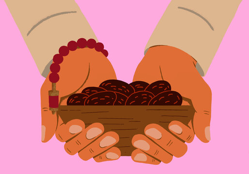 Illustration of hands holding a bowl of dates with prayer beads on a pink background symbolizing Ramadan and Iftar.
