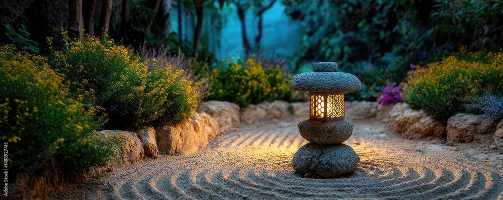 Poster raked sand patterns in tranquility with lantern and lotus concept. a serene stone lantern illuminati