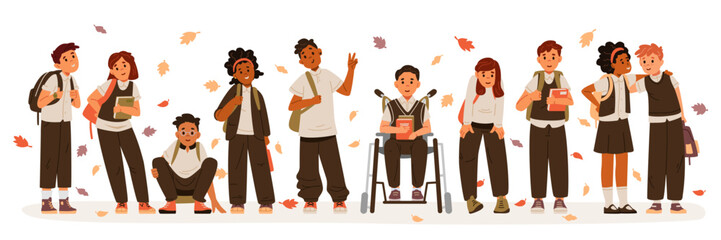 Group of diverse multiracial school children in uniform with schoolbags flat vector illustration isolated on white. Back to school banner.