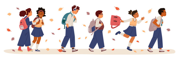 Diverse group of school children of different ethnicity in uniform going to school among fallen leaves flat vector illustration.