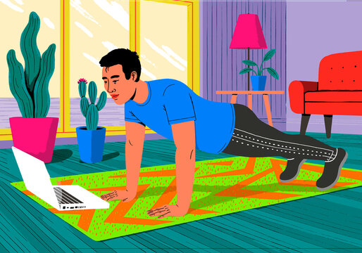 Illustration of a person doing a plank exercise at home with a laptop in a colorful living room