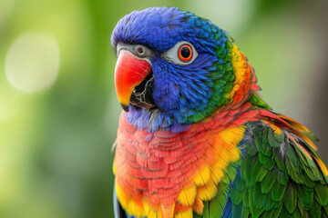 Colorful parrots on a branch in a tropical forest