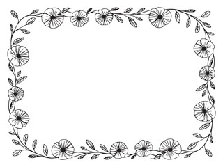 Hand-drawn floral border with morning glory flowers and leaves in black and white for decorative and artistic design use

