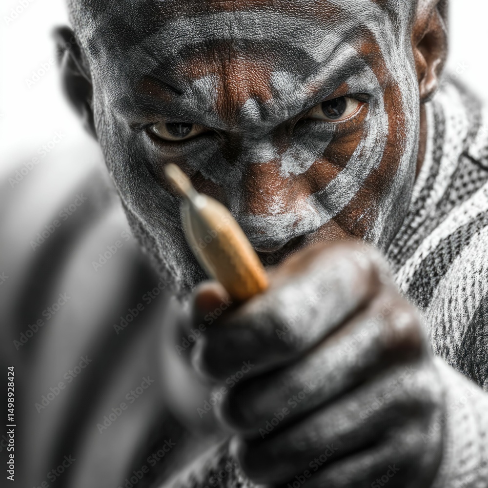 Poster dart player aiming at target in isolated white background action shot dynamic sports environment