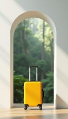 Yellow luggage standing in archway with tropical view, ready for summer travel. Vacation planning and getaway concept.