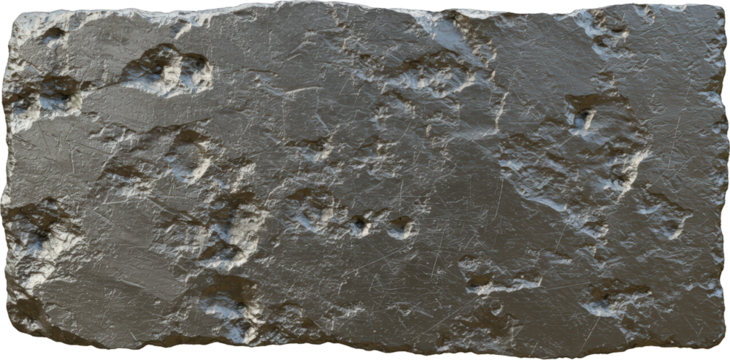 Weathered Metallic Slab with Etched Lines and Pockmarks