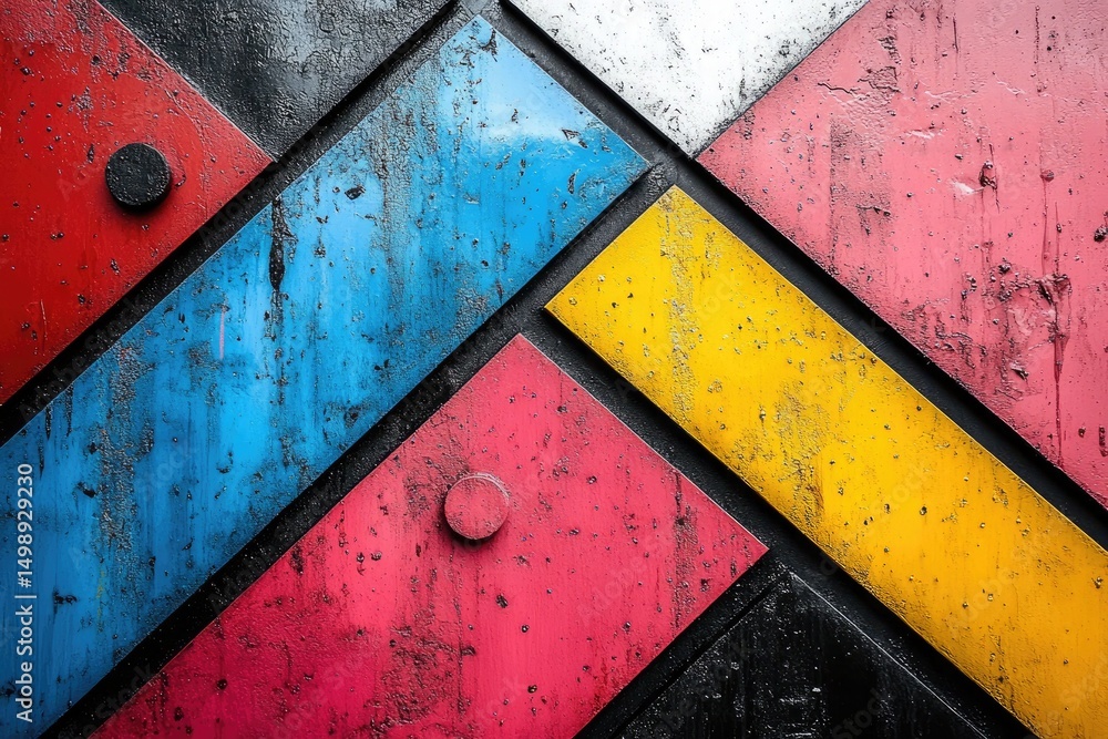 Poster abstract geometrical pattern of colorful painted rusty metal with rivets. good background for indust