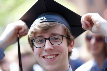 Smiling graduate adjusting academic cap.