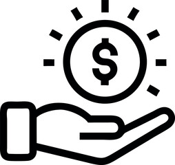 money icon with hand and dollar coin in outline style. 