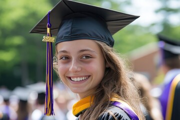 Smiling graduate in academic regalia at commencement ceremony.