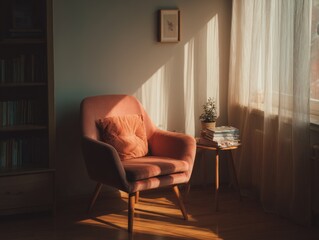 Cozy Interior with Peach Armchair and Soft Sunlight