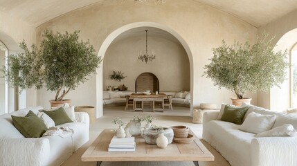 Neutral-toned living room with wooden coffee table, two bright sofas with white and green pillows, tall olive trees in pots, grand archway leading to elegant area