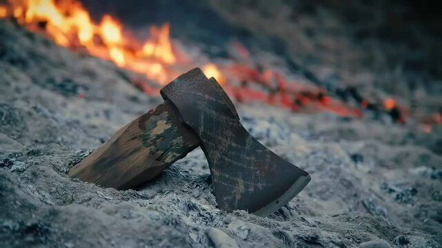 Abandoned axe buried in ash with blurred fiery slope in background &mdash; forest fire aftermath