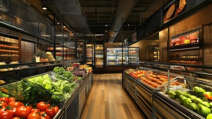 Fototapeta premium Booth showcasing packaged foods using metal grates and suspended glass boxes