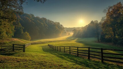 Peaceful autumn sunrise over a grassy valley