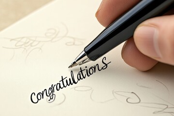 Hand writing congratulations message on a notebook page.