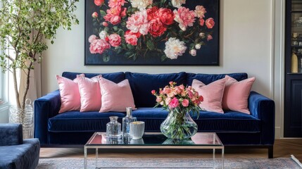 Stylish living room with deep blue sofa, light pink pillows, glass coffee table with vases, large floral painting, with flowering tree by the window