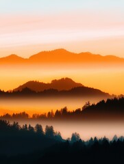 Serene sunrise over layered mountain ranges, showcasing vibrant colors and misty valleys