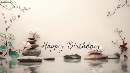 Happy birthday card with water reflection, stones, flowers and plant decorations on a light background
