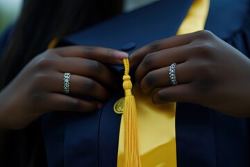 Close-up view of graduating student adjusting tassel.
