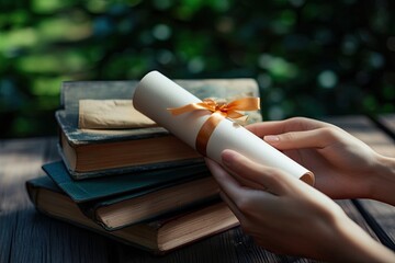 Hands holding a rolled diploma resting on books.
