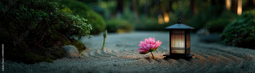 Poster raked sand patterns in tranquility with lantern and lotus concept. a serene garden scene featuring a