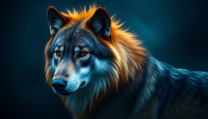 Forest grey wolf, a wild predator mammal, in a night portrait
