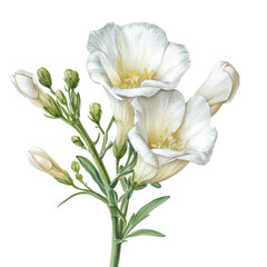 Delicate White Flowers with Buds on Green Stem Isolated on White Background