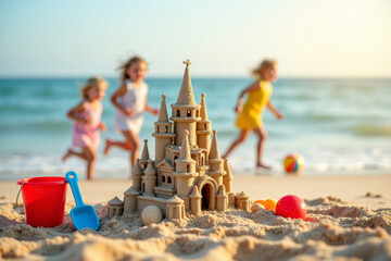 Beautiful sand castles and child plastic toys on beach on sea background with blurred happy children. AI