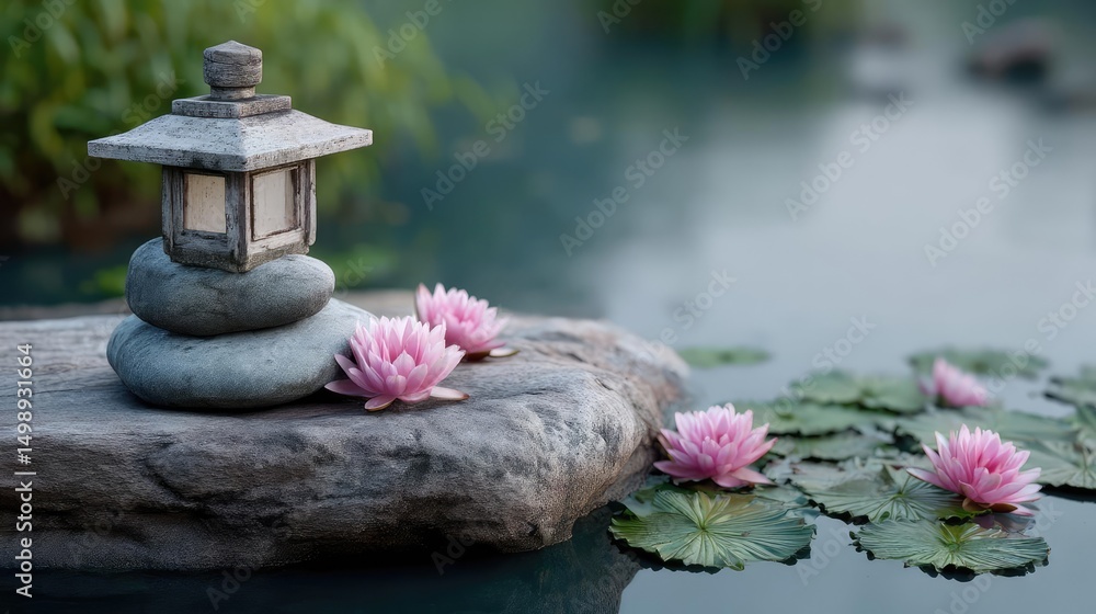 Poster tea pavilion with minimalism and rock by lantern concept. serene pond with lotus flowers and a tranq