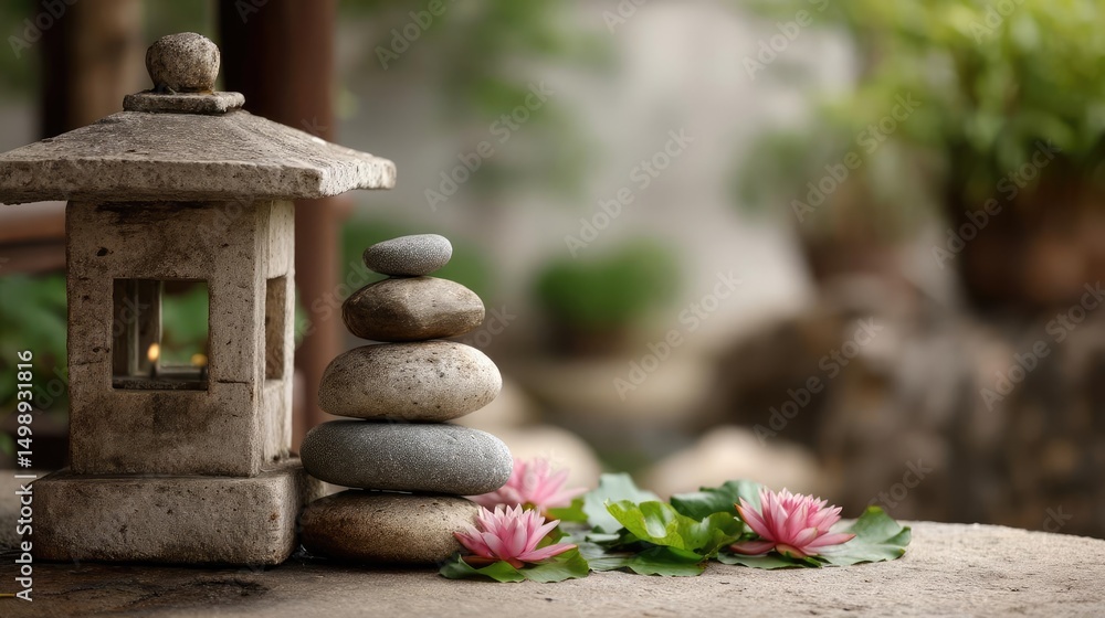 Poster tea pavilion with minimalism and rock by lantern concept. serene stone lantern with stacked stones a