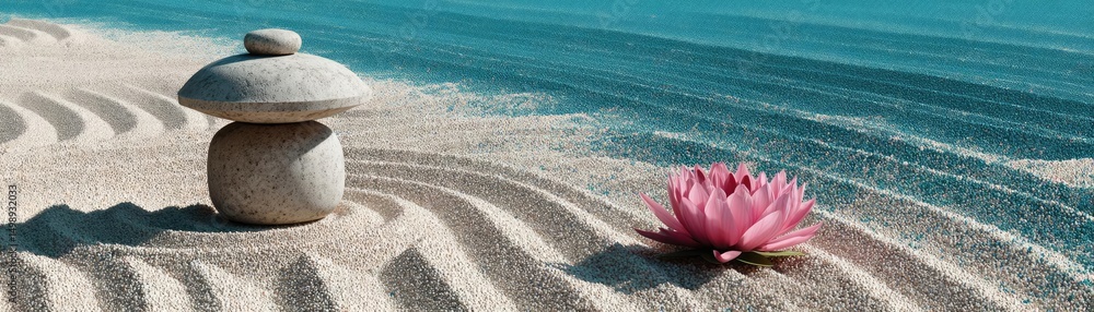 Aufkleber Raked sand patterns in tranquility with lantern and lotus concept. Tranquil stones and a lotus flower on serene sandy beach.