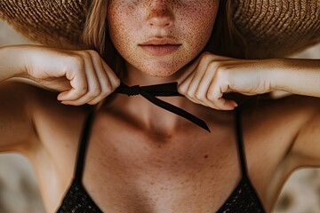 Close-up view of a woman adjusting a black ribbon around her neck.