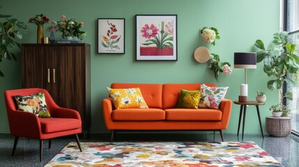 Warm living room with vibrant orange sofa and accent chair, dark wooden cabinet with flowers, soft green walls, floral prints, modern lamp, and colorful floral rug grounding the space