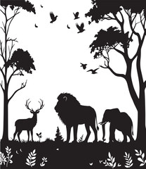 Art & Illustration Wildlife silhouette of lion, deer, elephant in forest with birds and trees. Clean flat vector. EPS included. Perfect for nature themes.
