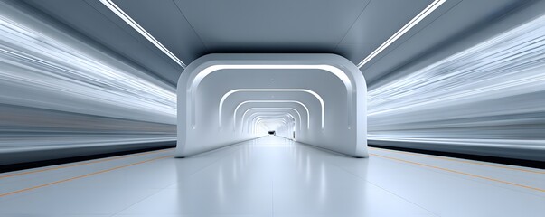 Massive central station in a futuristic megacity, high-speed maglev trains arriving, crowds moving dynamically, interactive wayfinding holograms, cyberpunk aesthetic, immersive movement blur