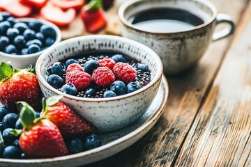 Fresh berries and dark bowl of healthy breakfast dish.