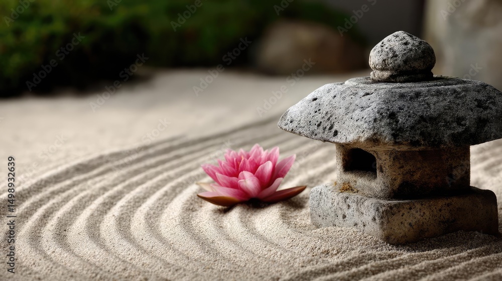 Aufkleber raked sand patterns in tranquility with lantern and lotus concept. a serene scene of a stone lantern