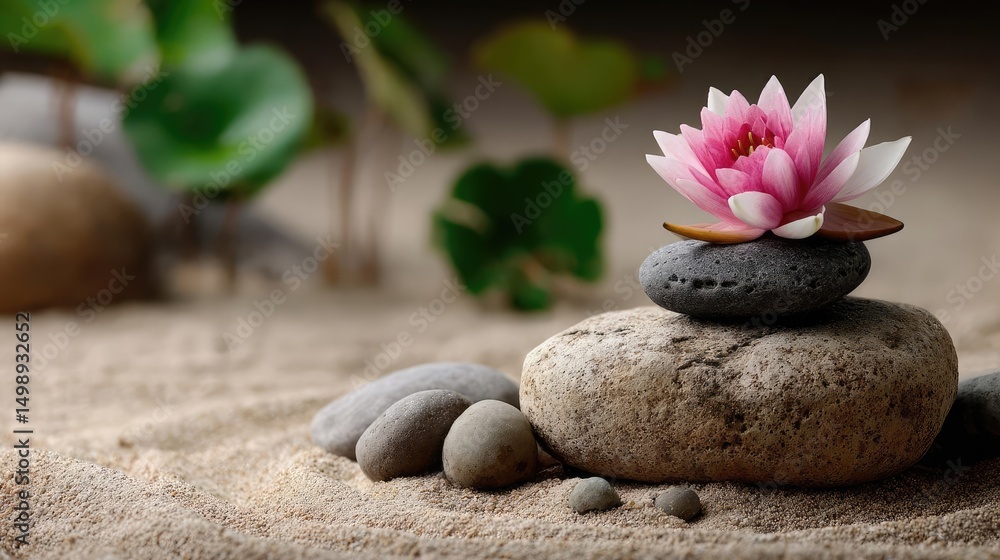 Poster raked sand patterns in tranquility with lantern and lotus concept. a tranquil arrangement of stones 