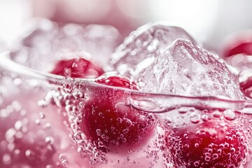 Close-up view of refreshing cherry beverage with ice.