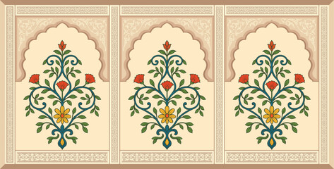 Traditional Mughal flower motif. India wall decor flower Painting. Mughal wall paintings, botanical floral ethnic motif © Design 35