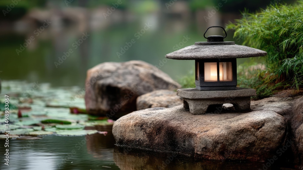 Poster tea pavilion with minimalism and rock by lantern concept. a serene lantern illuminated by a peaceful