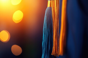 Close-up view of graduation gown tassels with soft light.