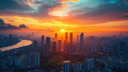 Fototapeta premium The radiant sunrise paints the city skyline with warm hues of hope and promise reflecting on a meandering river with